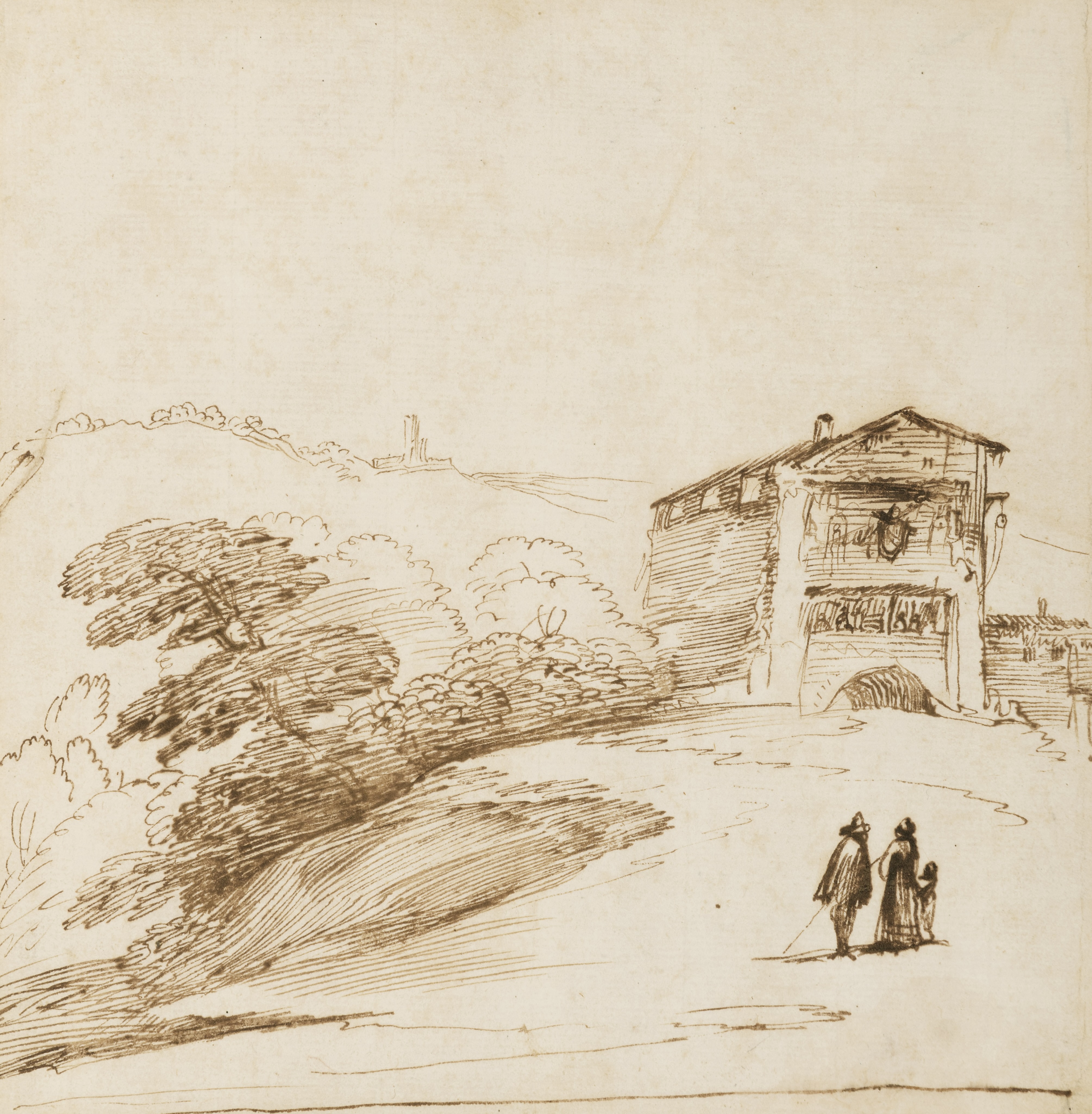 Landscape with Travellers Before a Rustic Building